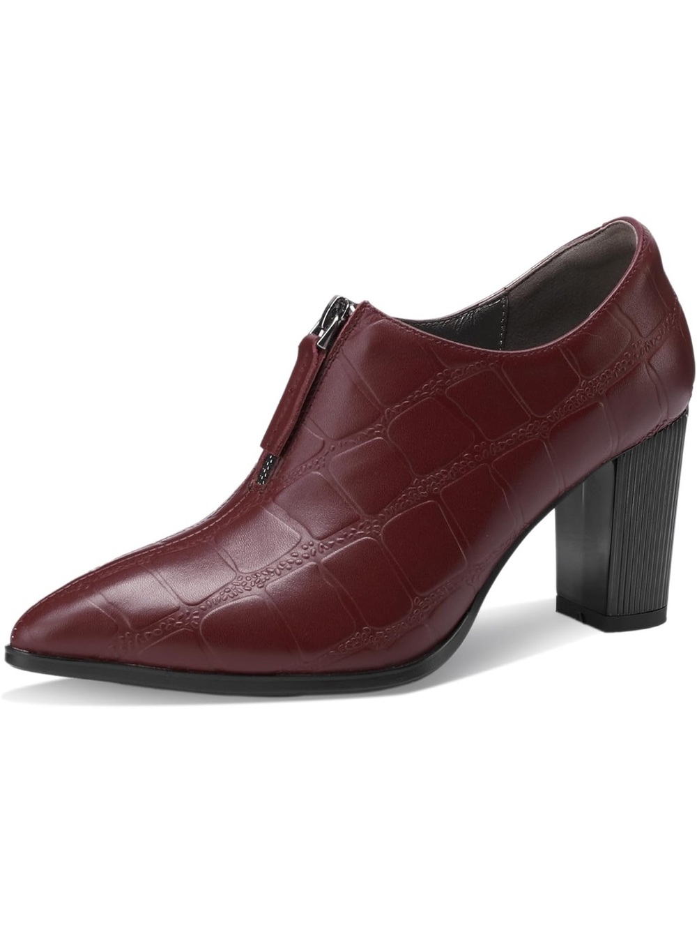 TDD Women's Pointed Toe Zip Block Heel Pumps - Burgundy